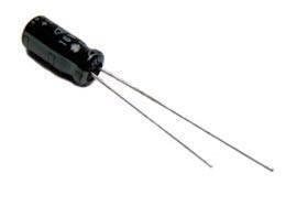 10uF 16V Radial Electrolytic Capacitor - shown as a black cylindrical electronic component with two long metal wire leads extending from one end.