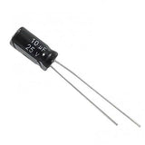 10uF 25V Electrolytic Capacitor - a black, cylindrical electronic component with two long metal leads extending from one end.