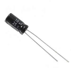 10uF 25V Electrolytic Capacitor - a black, cylindrical electronic component with two long metal leads extending from one end.