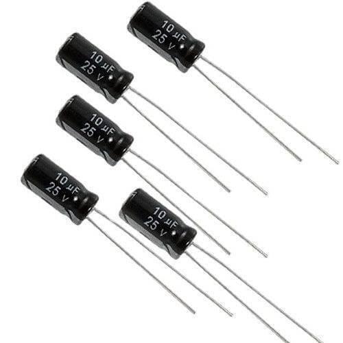 10uF 25V Electrolytic Capacitor - five black cylindrical electrolytic capacitors with two metal wire leads each, arranged on a white background.