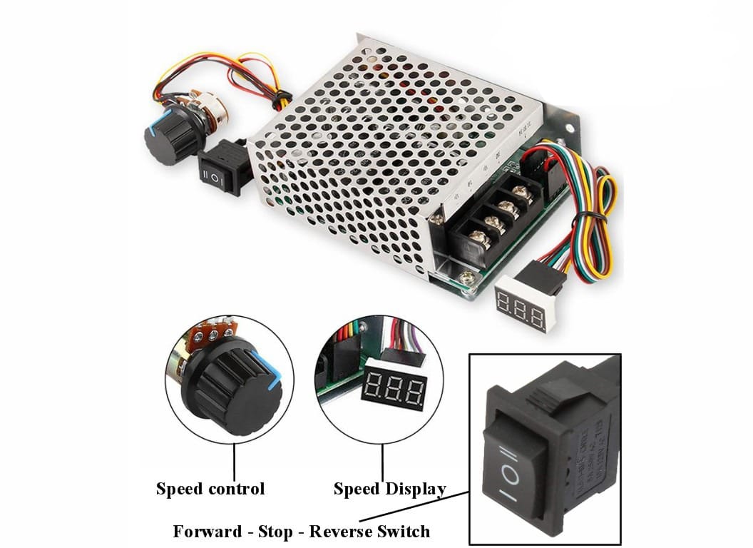 10V–55V 40A DC Motor Speed Controller Bidirectional Forward, Stop, Reverse With Digital Display - metal-cased unit, a rotary knob, a forward-stop-reverse switch, and a digital display showing 8.8.8.
