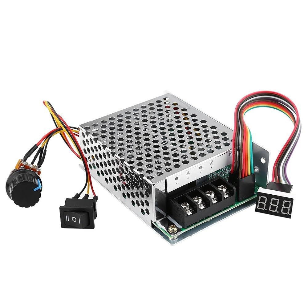 10V–55V 40A DC Motor Speed Controller Bidirectional Forward, Stop, Reverse With Digital Display - metal casing, a three-digit LED display, a black rotary knob, and a power switch with wiring.