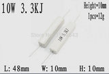 10W 3.3k Ohm Cement Resistor In Lahore Pakistan - two white rectangular ceramic resistors with wire leads, shown with dimension labels for length, width, and height.