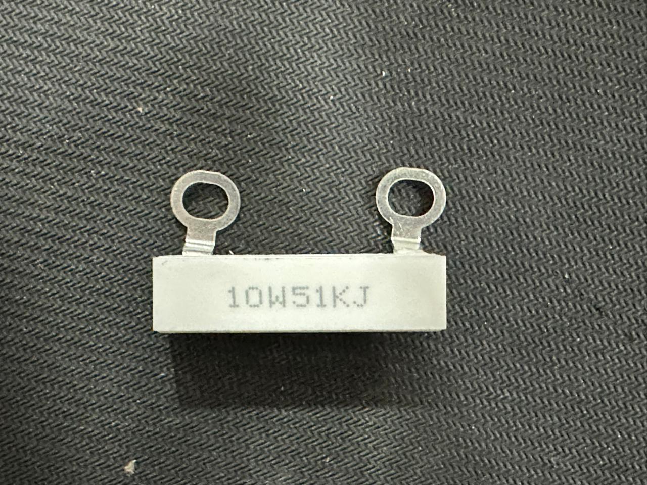 10W 51kΩ Resistor - a rectangular white cement resistor with two metal ring terminals and the text "10W51KJ" printed on its side.