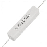 10Watt 10 Ohm Ceramic Cement Resistor - High Power, Fixed 5% Tolerance - a white rectangular block-shaped component with axial wire leads and the text "10W 100RJ" printed on its side.