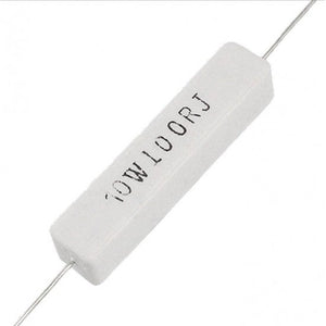 10Watt 10 Ohm Ceramic Cement Resistor - High Power, Fixed 5% Tolerance - a white rectangular block-shaped component with axial wire leads and the text "10W 100RJ" printed on its side.