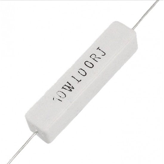 10Watt 10 Ohm Ceramic Cement Resistor - High Power, Fixed 5% Tolerance - a white rectangular block-shaped component with axial wire leads and the text "10W 100RJ" printed on its side.