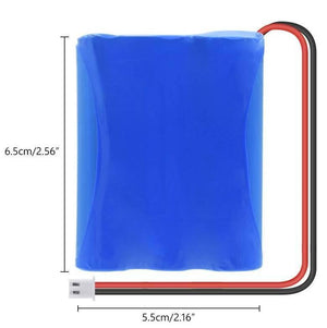 11.1V 1000mAh 18650 Li-ion Battery Pack - shown as a blue rectangular battery with a two-pin white connector and dimensions labeled in centimeters and inches.