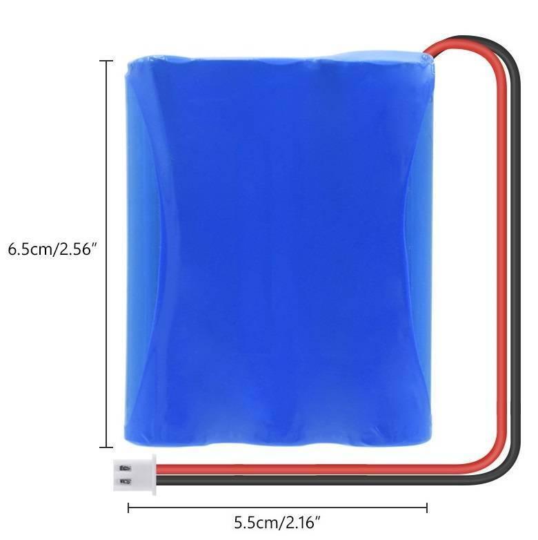 11.1V 1000mAh 18650 Li-ion Battery Pack - shown as a blue rectangular battery with a two-pin white connector and dimensions labeled in centimeters and inches.