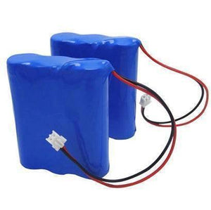 11.1V 1000mAh 18650 Li-ion Battery Pack - two blue rectangular battery packs, each with a two-pin white connector attached by red and black wires.
