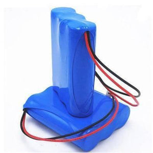 11.1V 1000mAh 18650 Li-ion Battery Pack - two blue, shrink-wrapped battery packs with red and black power wires stacked on a white background.