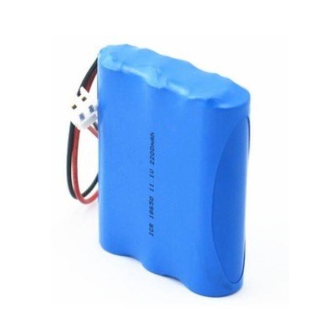 11.1V 1000mAh 18650 Li-ion Battery Pack - a blue rectangular battery pack with three cells, red and black wires, and a white two-pin connector.