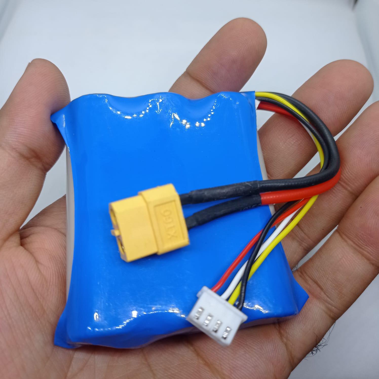 11.1V 3000mAh LiPo Battery For Robotics & Drone - shown as a blue rectangular battery pack with an XT60 connector and a white balance charging plug.