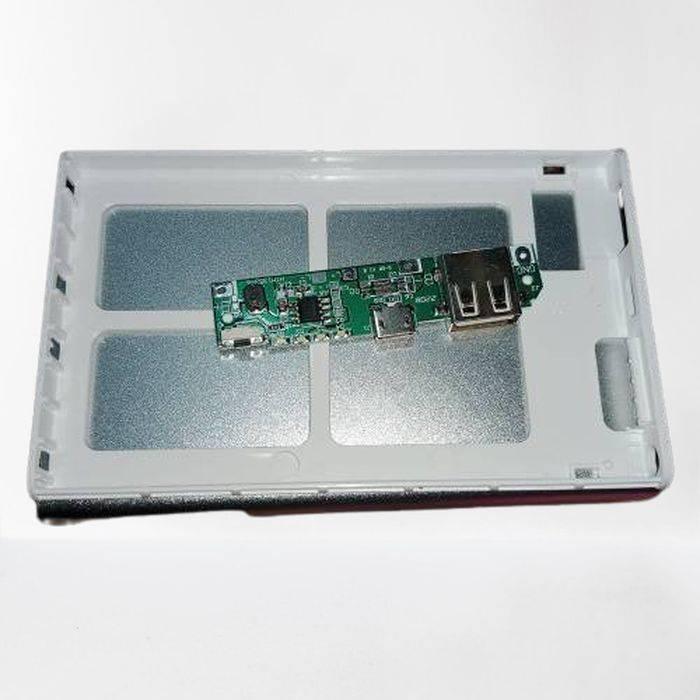 110MMX67MM Aluminium power bank casing - the white plastic interior frame with a green circuit board featuring a USB and micro-USB port.
