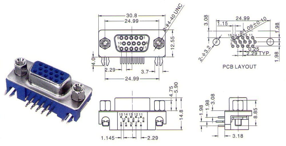 Db15 Angle Shell Db15 Female Right Angle Connector D Sub High Density Pcb Mounting 15 ...