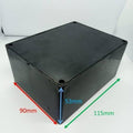 115mm x 90mm x 53mm ABS Electronics Enclosures Box Project Box - a black rectangular plastic project box shown with red, blue, and green dimension arrows.
