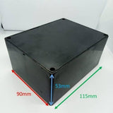 115mm x 90mm x 53mm ABS Electronics Enclosures Box Project Box - a black rectangular plastic project box shown with red, blue, and green dimension arrows.