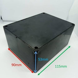 115mm x 90mm x 53mm ABS Electronics Enclosures Box Project Box - a black rectangular plastic project box shown with red, blue, and green dimension arrows.