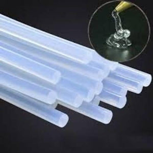 11mm Hot Melt Glue Sticks Electric Heating Adhesive Film Craft Glue Stick - show a bundle of translucent cylindrical adhesive sticks with an inset circular close-up of melted glue dripping from a nozzle.