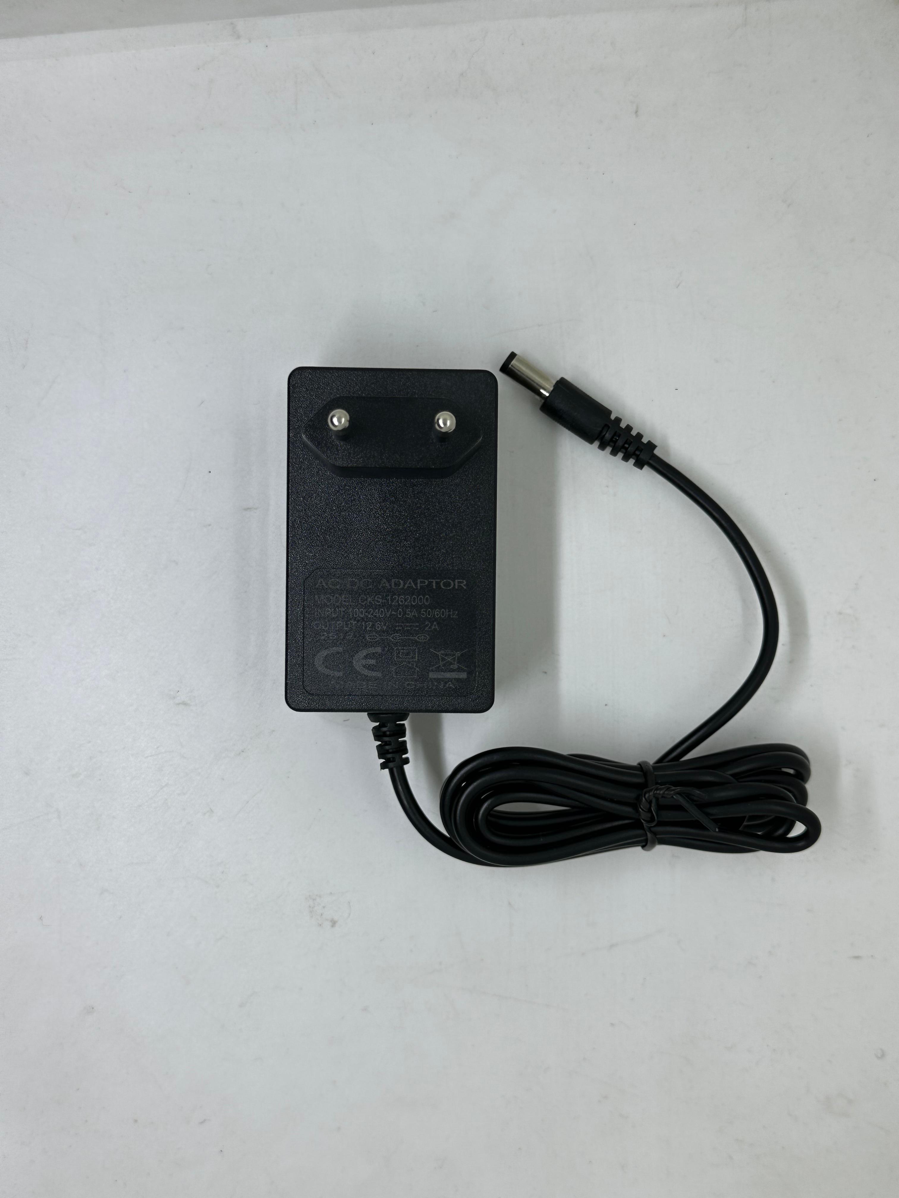 12.6V 2A DC Power Adapter – Eu Plug With Barrel Jack - a black wall-mount power supply with a two-pin EU plug and a DC barrel jack connector.