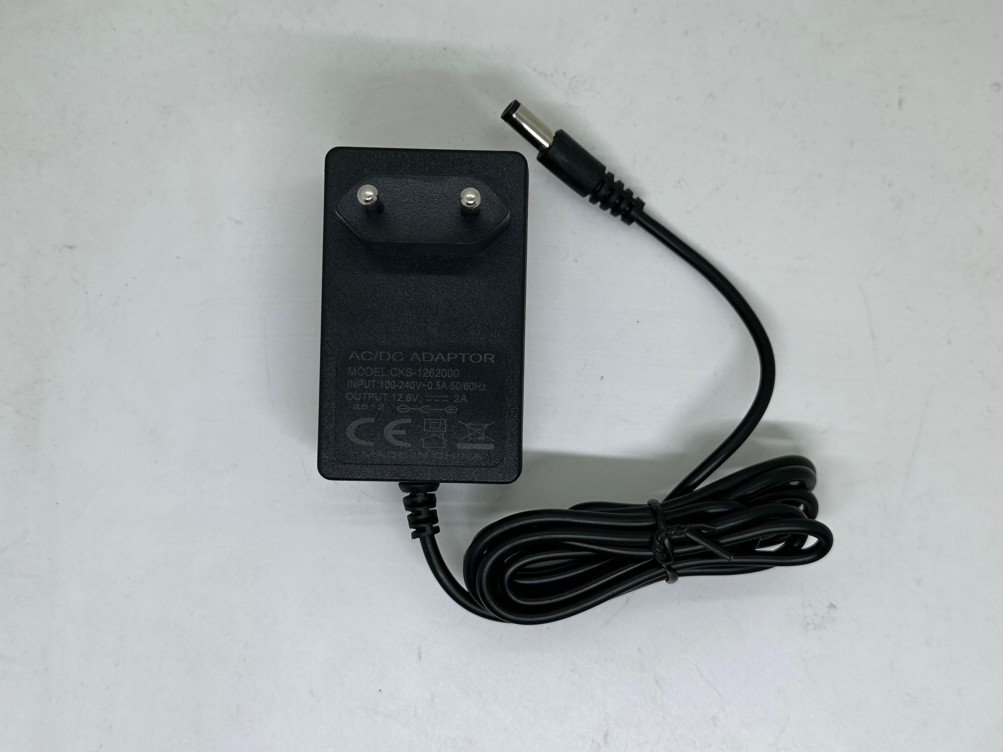 12.6V 2A DC Power Adapter – Eu Plug With Barrel Jack - a black wall-mount power supply with an integrated EU plug and a DC barrel connector cable.