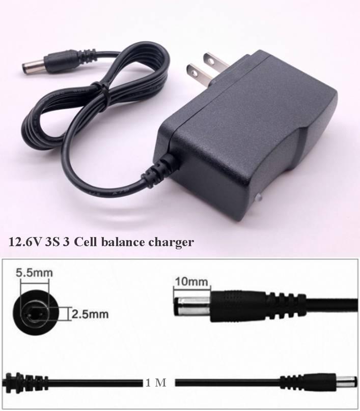 12.6V 500mA 3s 3 Cell Battery Charger Lithium Ion 18650 3 Cell Charger - a black power adapter with a DC barrel plug and a diagram detailing the 5.5mm, 2.5mm, and 10mm connector dimensions.