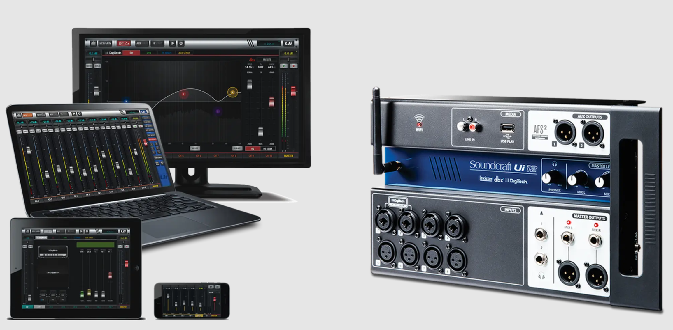 12-channel Digital Mixer With Wireless Control | Digilog.pk | On Demand - a Soundcraft Ui12 mixer, a laptop, a tablet, a smartphone, and a monitor displaying mixer software.