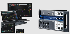 12-channel Digital Mixer With Wireless Control | Digilog.pk | On Demand - a Soundcraft Ui12 mixer, a laptop, a tablet, a smartphone, and a monitor displaying mixer software.