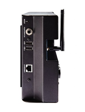12-channel Digital Mixer With Wireless Control | Digilog.pk | On Demand - the side panel with a reset pinhole, footswitch jack, two USB ports, an Ethernet port, and antenna.