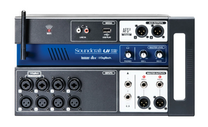 12-channel Digital Mixer With Wireless Control | Digilog.pk | On Demand - the front panel with eight input jacks, master outputs, aux outputs, USB port, and volume control knobs.