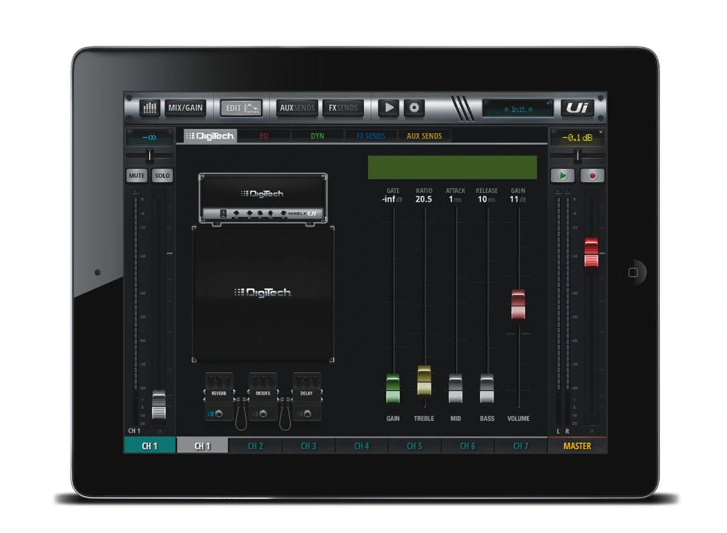 12-channel Digital Mixer With Wireless Control | Digilog.pk | On Demand - shown on a black tablet screen displaying a digital audio interface with faders, knobs, and channel settings.