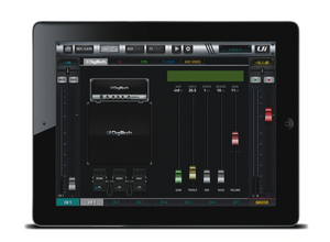 12-channel Digital Mixer With Wireless Control | Digilog.pk | On Demand - shown on a black tablet screen displaying a digital audio interface with faders, knobs, and channel settings.