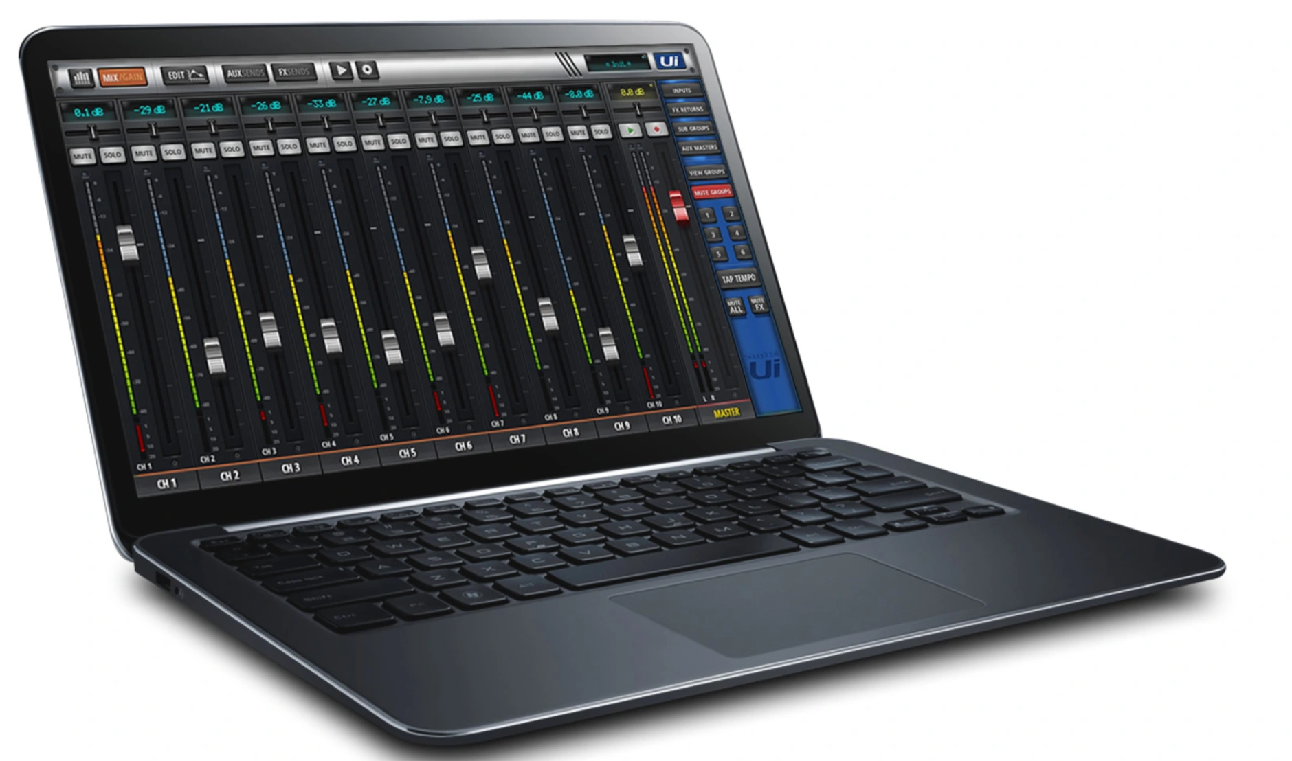 12-channel Digital Mixer With Wireless Control | Digilog.pk | On Demand - displayed on a dark grey laptop screen showing a digital audio mixing interface with faders and channel controls.