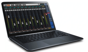 12-channel Digital Mixer With Wireless Control | Digilog.pk | On Demand - displayed on a dark grey laptop screen showing a digital audio mixing interface with faders and channel controls.