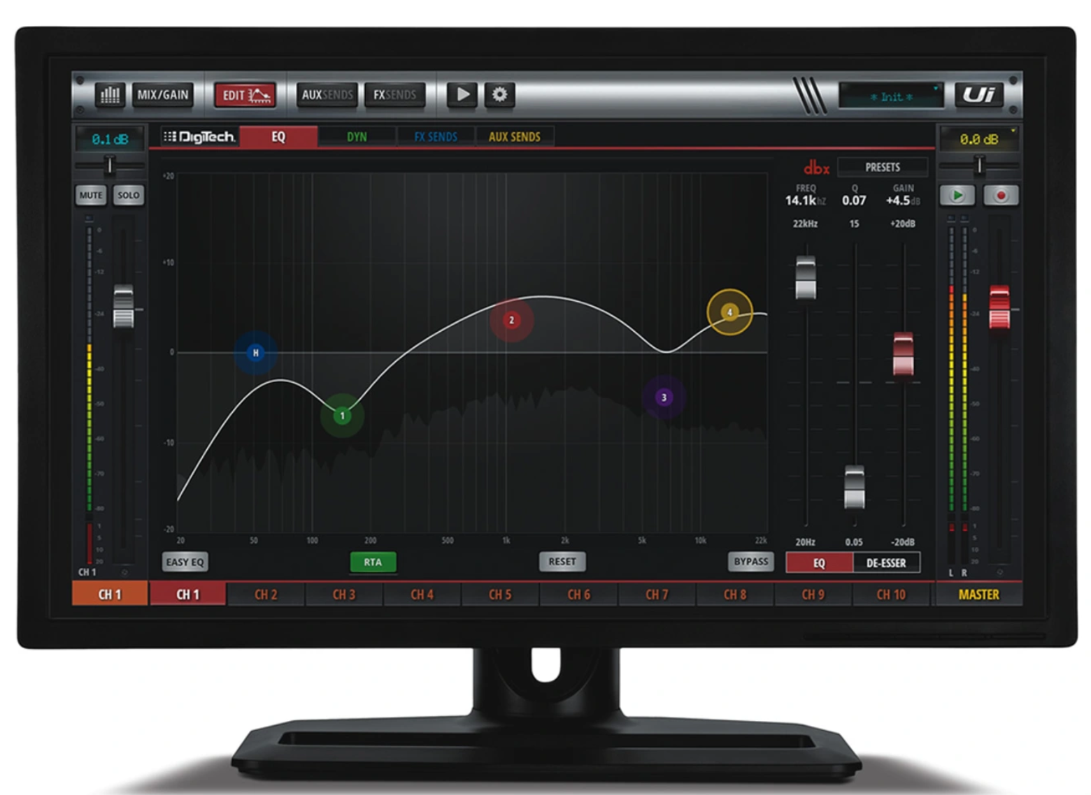 12-channel Digital Mixer With Wireless Control | Digilog.pk | On Demand - shown as a black desktop monitor displaying a digital equalizer interface with frequency adjustment curves.