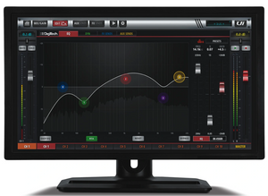 12-channel Digital Mixer With Wireless Control | Digilog.pk | On Demand - shown as a black desktop monitor displaying a digital equalizer interface with frequency adjustment curves.