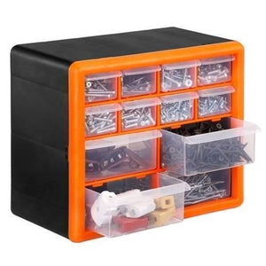 12 Drawer Tool Component Organizer Plastic Storage Box Container - a black and orange cabinet with twelve clear plastic drawers, two of which are open.