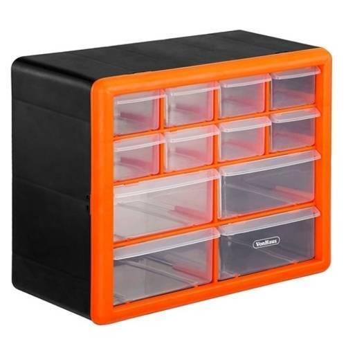 12 Drawer Tool Component Organizer Plastic Storage Box Container - with a black frame, orange trim, and twelve clear plastic drawers in varying sizes.