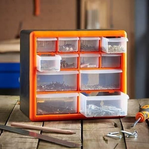12 Drawer Tool Component Organizer Plastic Storage Box Container - with an orange frame and clear drawers, shown on a wooden surface with a pencil and nails.