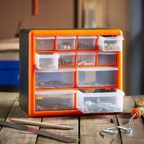 12 Drawer Tool Component Organizer Plastic Storage Box Container - with an orange frame and clear drawers, shown on a wooden surface with a pencil and nails.