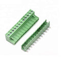 12 Pin Connector PCB Mount Right Angle Bent Screw Terminal - a green two-piece pluggable terminal block set with a female header and male pins.