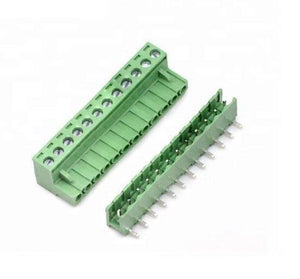 12 Pin Connector PCB Mount Right Angle Bent Screw Terminal - a green two-piece pluggable terminal block set with a female header and male pins.