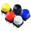 12 x 12mm x 7.5mm Push Button with Cap - five square tactile switches with yellow, black, blue, red, and white round plastic caps.