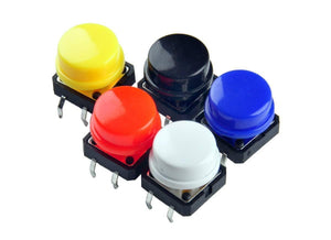 12 x 12mm x 7.5mm Push Button with Cap - five square tactile switches with yellow, black, blue, red, and white round plastic caps.