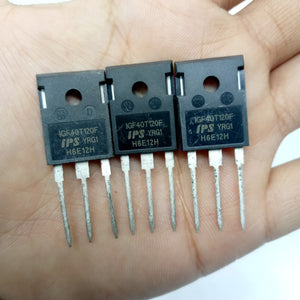 1200V 40A IGBT 40N120 High-performance IGBT - three black, rectangular electronic components with three metal pins each, held in a hand and showing IGF40T120F markings.
