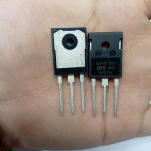 1200V 40A IGBT 40N120 High-performance IGBT - two black three-pin transistors with metal backings held in a hand, with one displaying the text IGF40T120F.