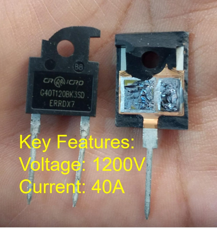 1200V 40amp G40T120 Crmicro IGBT - one intact black component with two pins and one damaged component with its internal silicon die exposed.