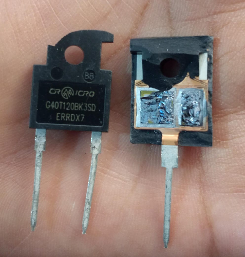 1200V 40amp G40T120 Crmicro IGBT - one intact black two-pin component next to another with its casing removed to reveal the internal metal semiconductor die.