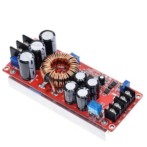 1200W 20A DC Converter Boost Step-up Power Supply Module In 8-60V Out 12-83V - a red circuit board with a large copper inductor, capacitors, heatsink, and screw terminals.