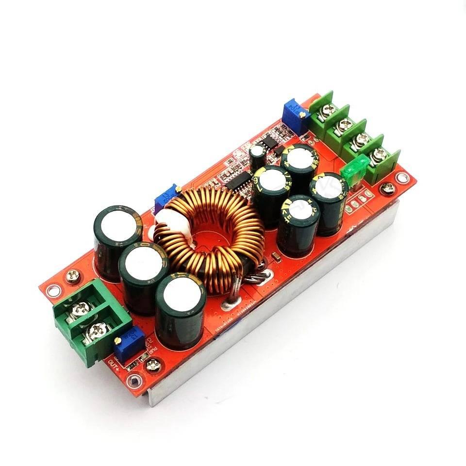 1200W 20A DC Converter Boost Step-up Power Supply Module In 8-60V Out 12-83V - a red circuit board with a large copper inductor, capacitors, and screw terminals.